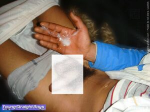 Choukri, a sexy Arab straight teen boy, shows his hand full of sperm after ejaculating :-) (Here, his dick is partially masked, for protection of minors)